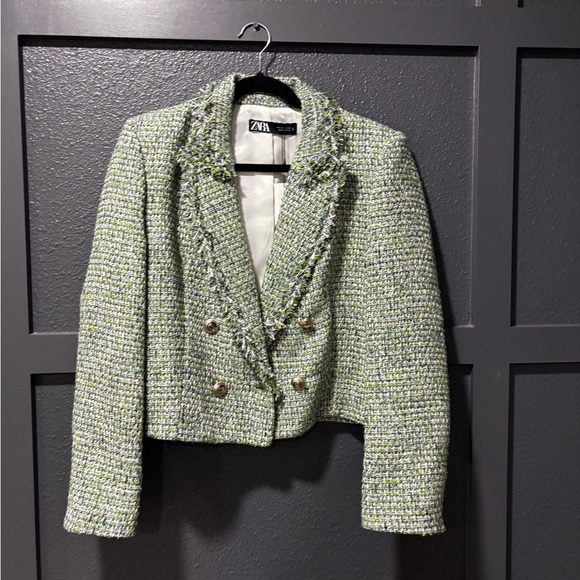 Zara DOUBLE BREASTED FRAYED CROPPED BLAZER - Picture 4 of 4